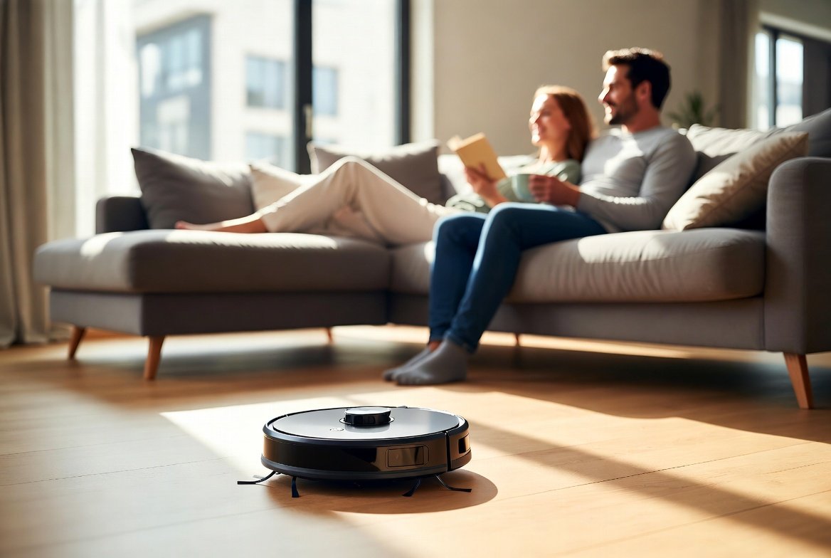 Aspirateur robot en fonctionnement dans un salon