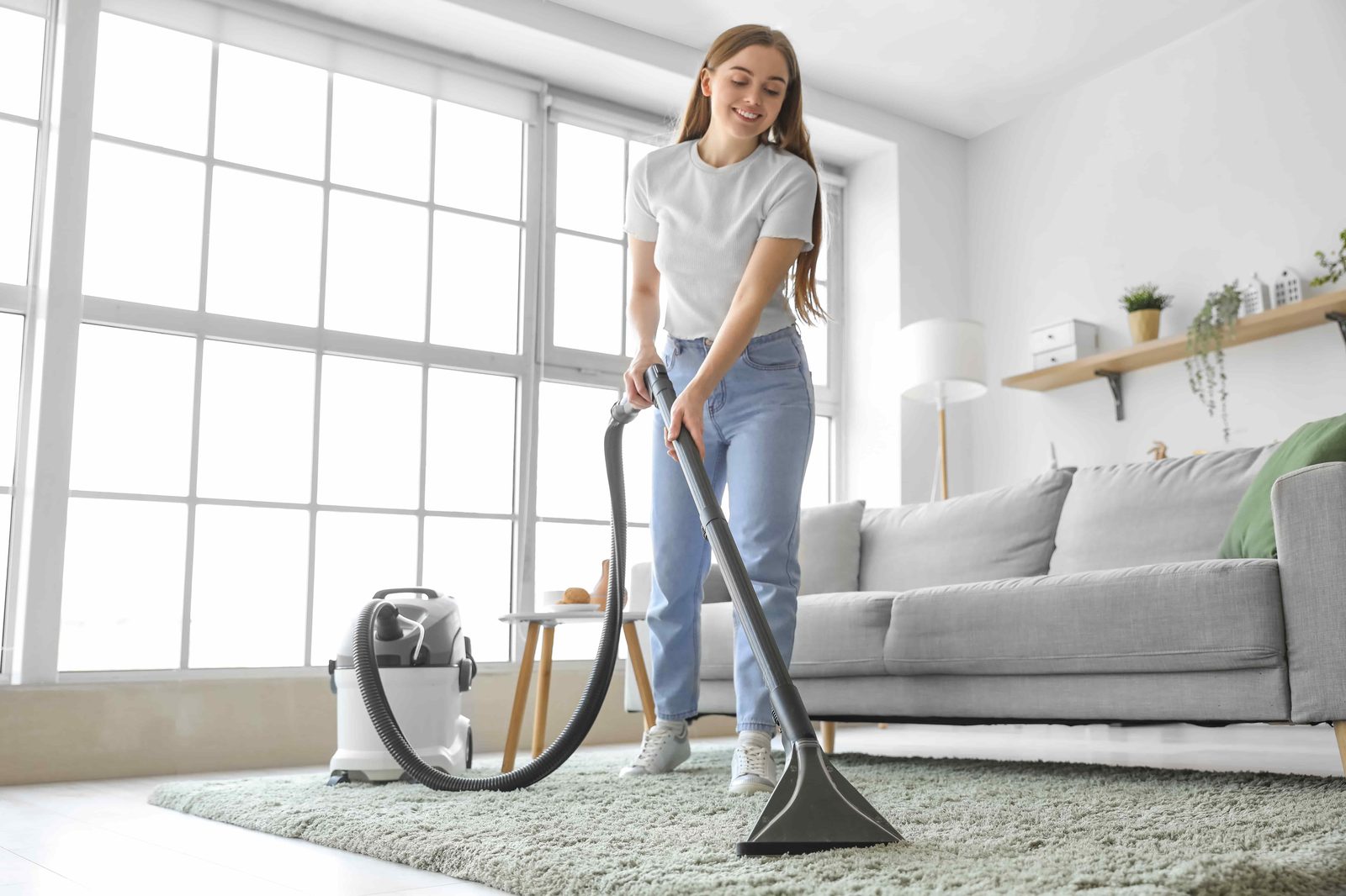 Aspirateur traîneau utilisé dans un salon lumineux