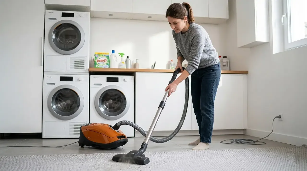 Femme utilisant un aspirateur traîneau